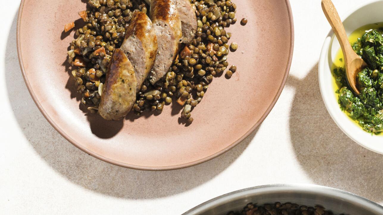Caper relish lightens weeknight-friendly sausage and lentils